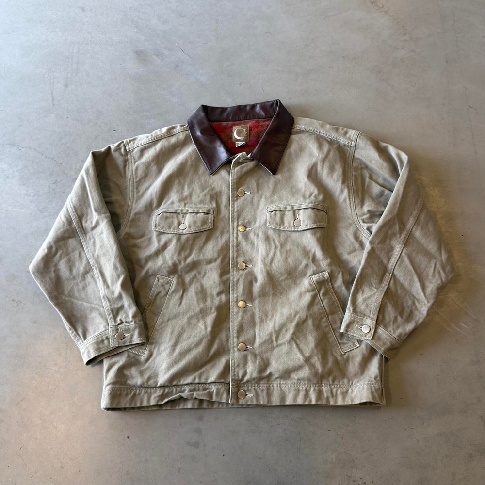 Vintage cream blanket lined leather collar canvas trucker jacket
